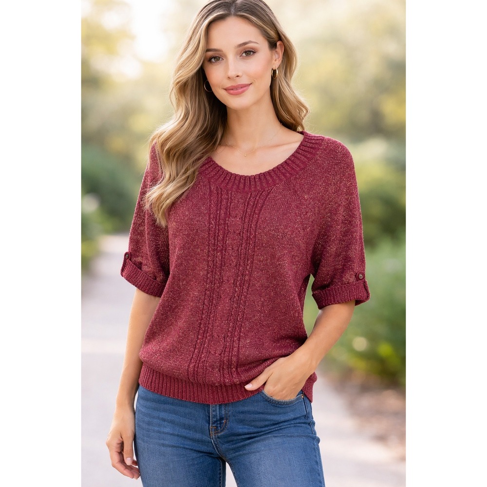 Gloria Vanderbilt Womens Burgundy Gold Metallic Cable Knit Scoop Neck Sweater S